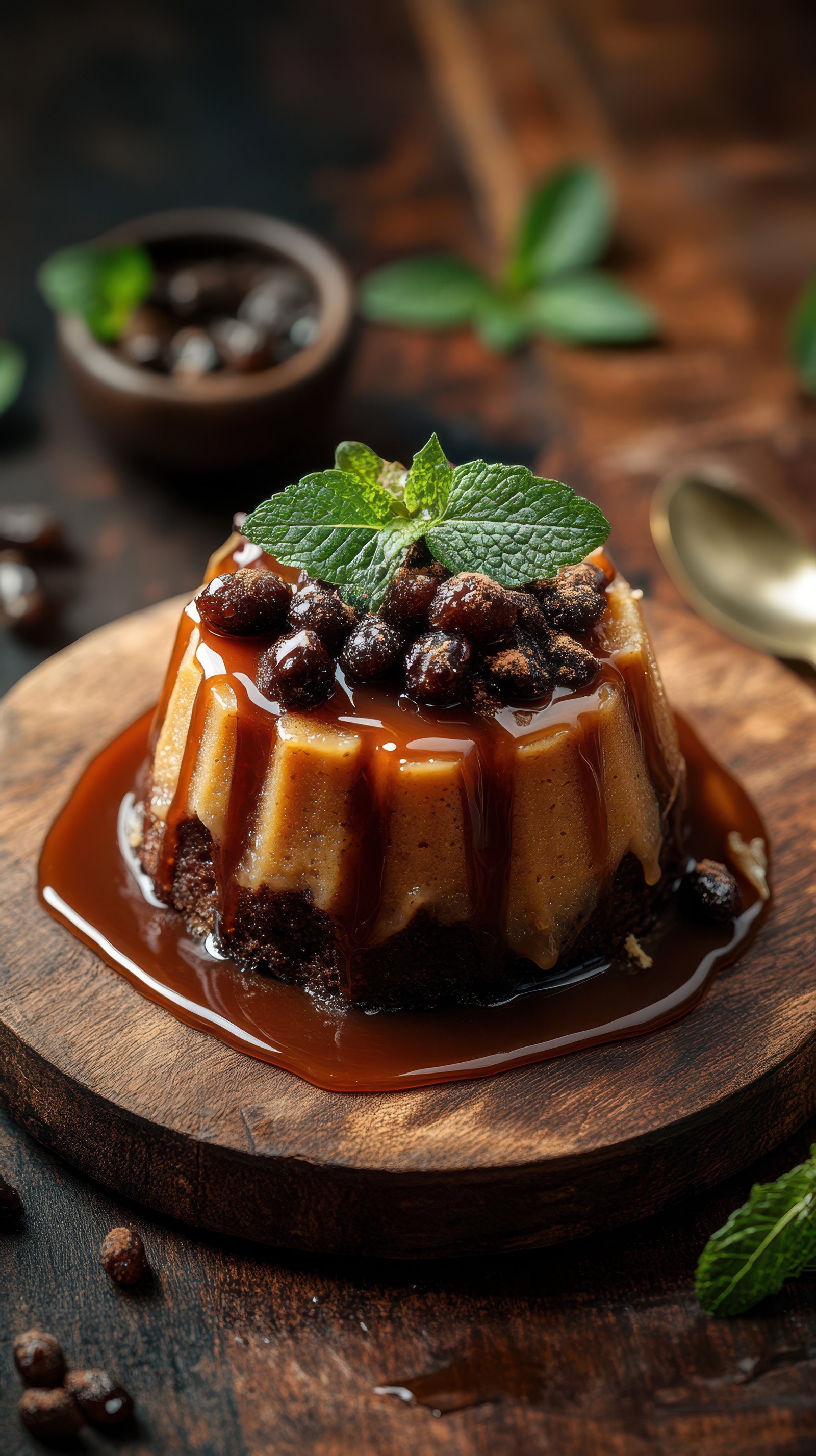 Dessert made with caramel sauce and coffee pearls on a wooden plate surrounded by fresh mint leaves